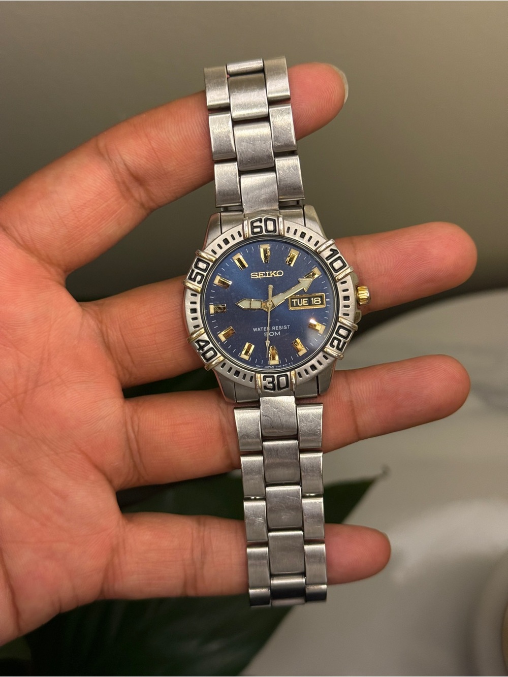 Seiko 90s Men's Stainless Steel Blue Dial Day-Date Watch